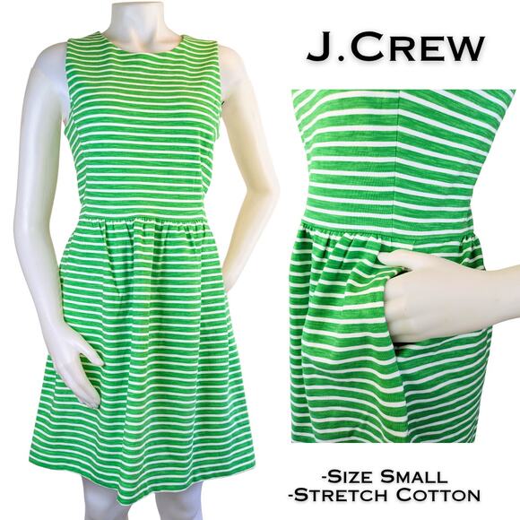 J.Crew Sleeveless Fit & Flare Minidress Size Small Green White Stripe Pockets - Picture 1 of 12